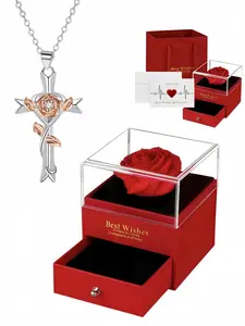 Cross Rose Glow · Dual Charm Original niche rose cross gem necklace with red preserved rose gift box. Ideal for birthdays, Mother's Day, Valentine's Day and all festivals.
