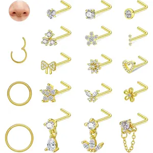 Gold Silver Septum and Nose Ring Set - Stainless Steel Hypoallergenic 16G Septum Rings 20G L Shaped Corkscrew Nose Rings Studs for Women Pink CZ Heart Butterfly Flower Bow Dangle Nose Piercing Jewelry
