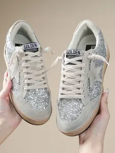 Silver Color Sequins Decorative Shoes, Sneaker, Star Element Design, Light Sole, Laces, Casual Style, All Seasons Wear