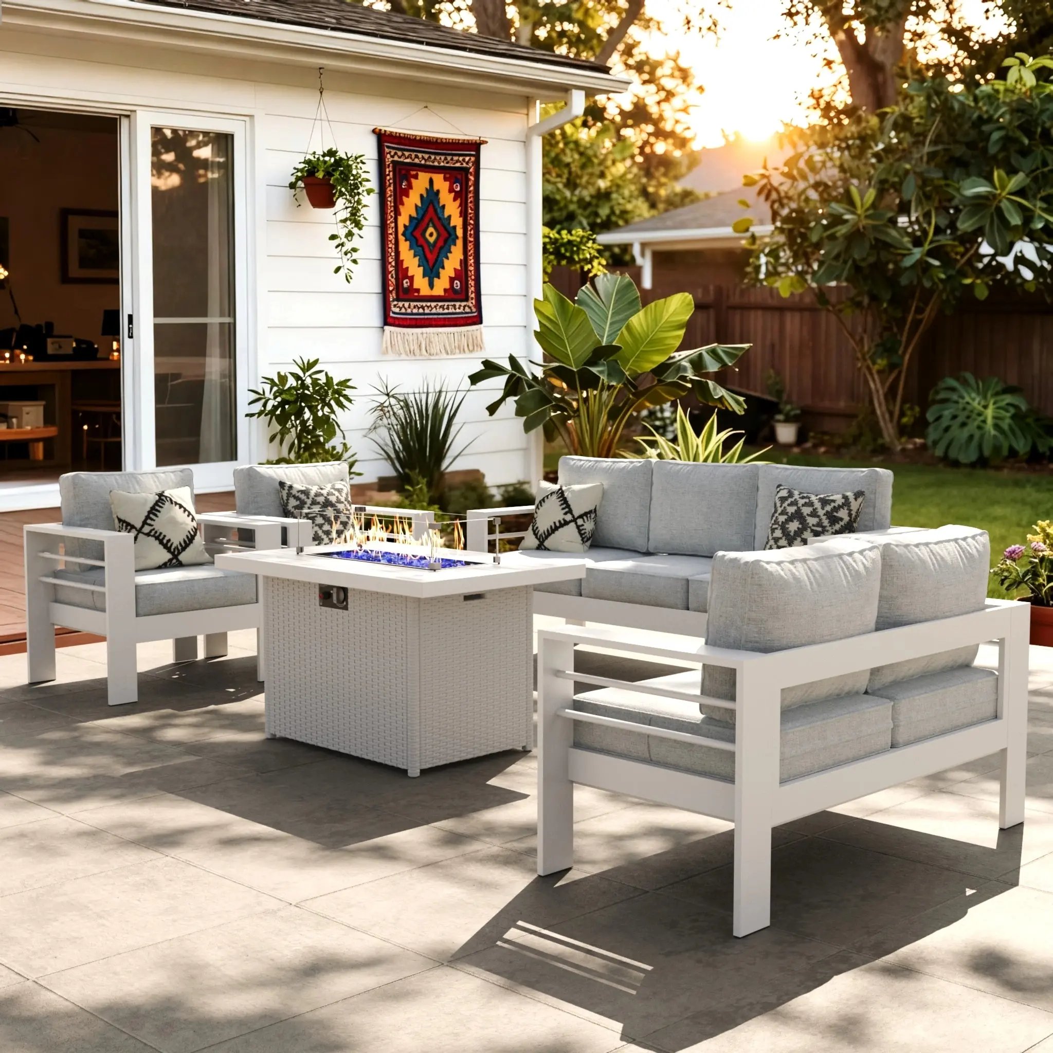 【3/4 Packages Shipping】LayinSun Outdoor Aluminum Furniture Set with Fire Pit Table, Patio Sectional Conversation Chat Sofa Modern Seating Set