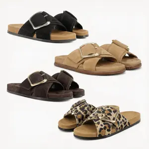 Women’s Classic Leopard Suede Slides, Footwear with Big Buckle & Comfortable Footbed, Casual Summer Slip-On Flat Shoes for Beach Vacation