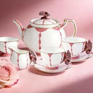 Aynsley British Fine Bone China Butterfly Tulip Tea Set, Luxury Kitchenware with Exquisite Floral Design, Round & Oval Handles for Gifting & Home Table Decor