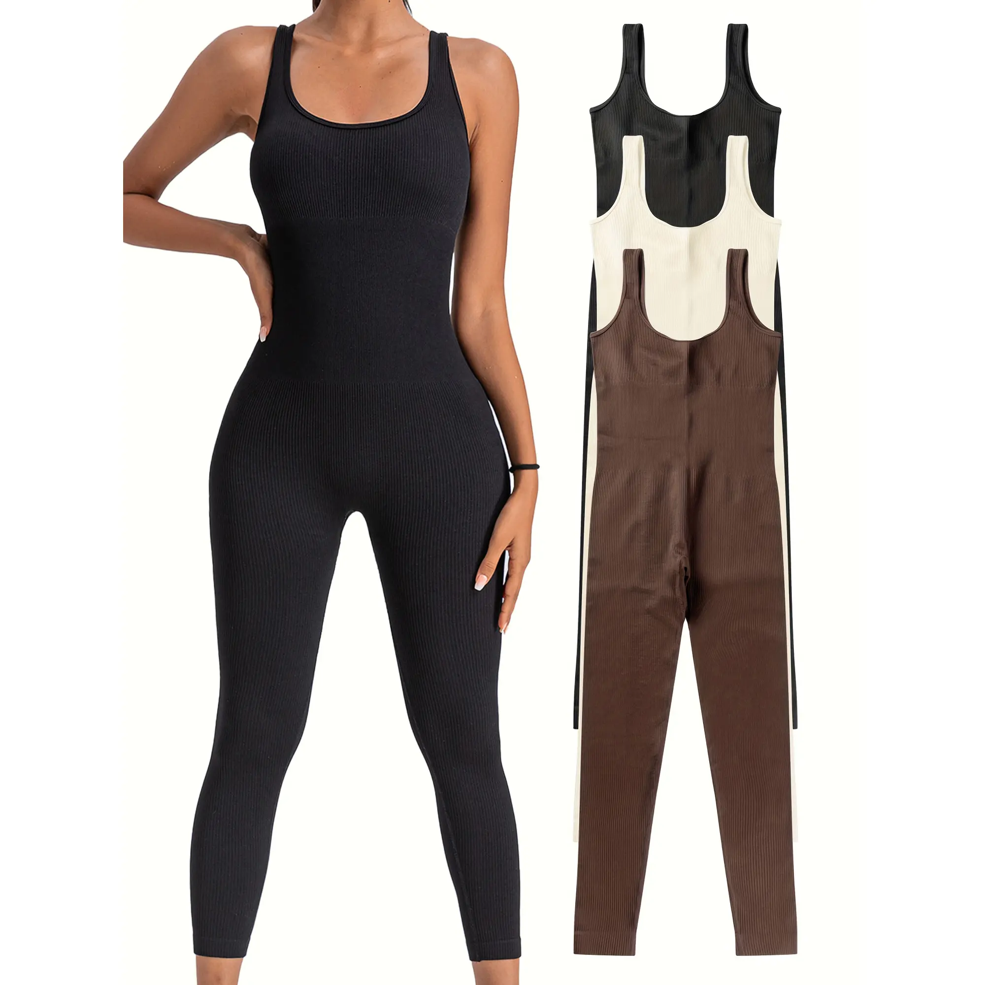 Women's Ribbed Sleeveless Yoga Jumpsuit - Square Neck, Adjustable Straps, Body Shaper, Black & White Textured 90% Polyamide 10% Spandex Flexes Fitness Outfit, All Season Activewear for Workouts, Athletic Style Activewear, Female, Yoga Exercise