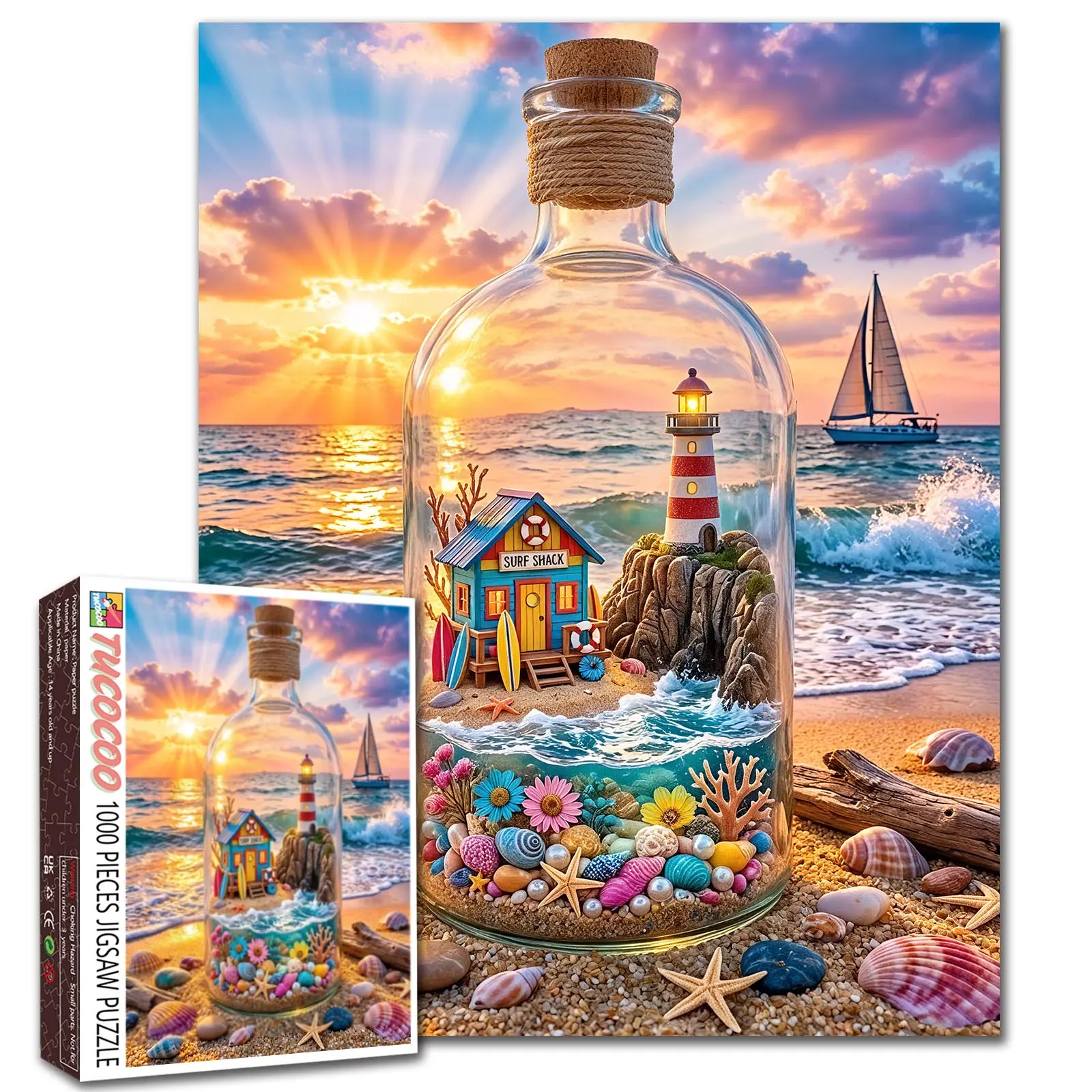 Tucocoo 1000-Piece Coastal Lighthouse Bottle World Jigsaw Puzzle for Adults, Sunset Beach Ocean Art, Novelty Print Puzzles, Screen Time Alternative, Relaxing Brain Challenge, Colorful Wall Decor Gift, 27.5x20in(70x50cm), Novelty Print Jigsaw Puzzles