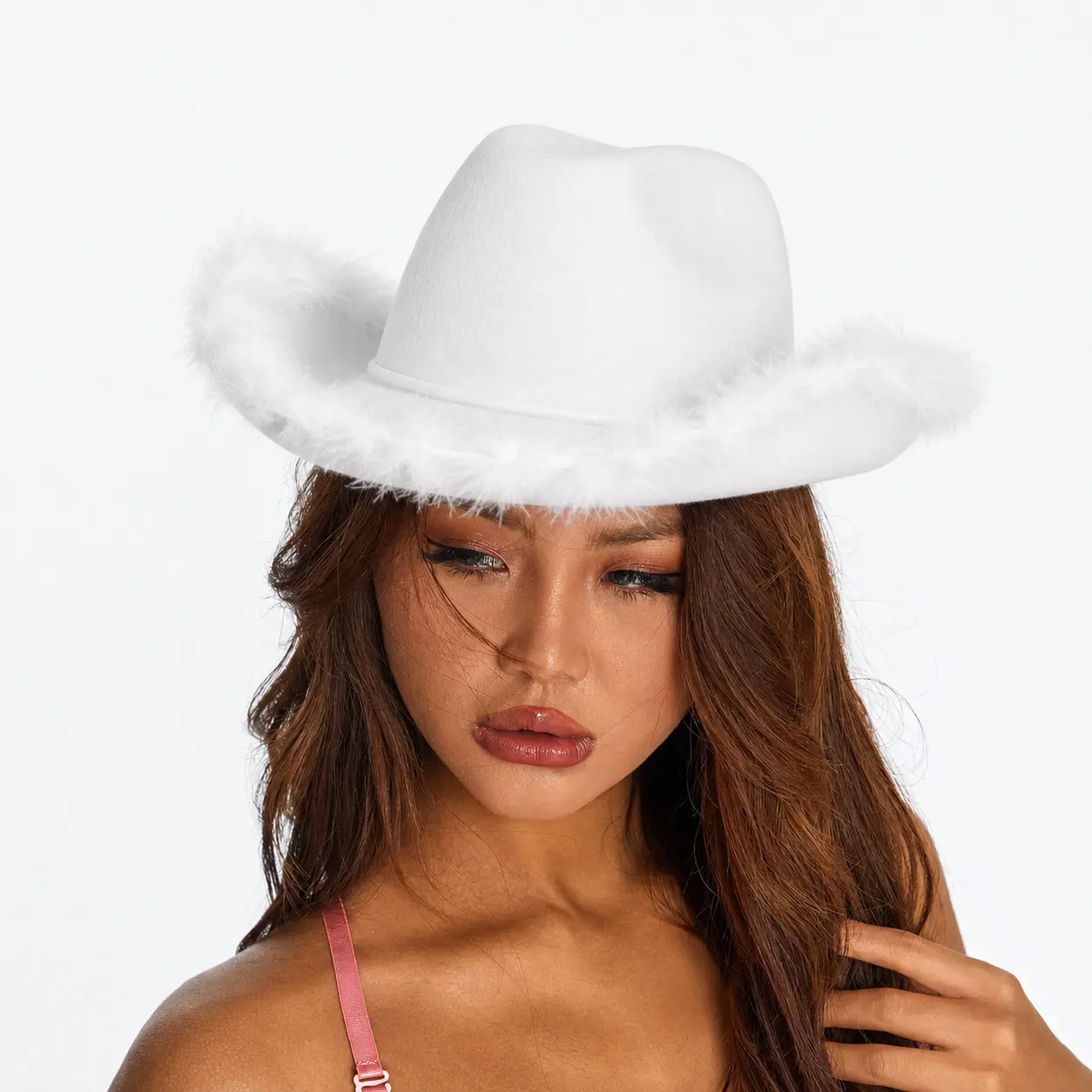 Feather Trim Cowboy Hat Space Cowgirl Princess Hat with Adjustable Drawstring for Bachelorette Party Costumes Festival Rave Accessories