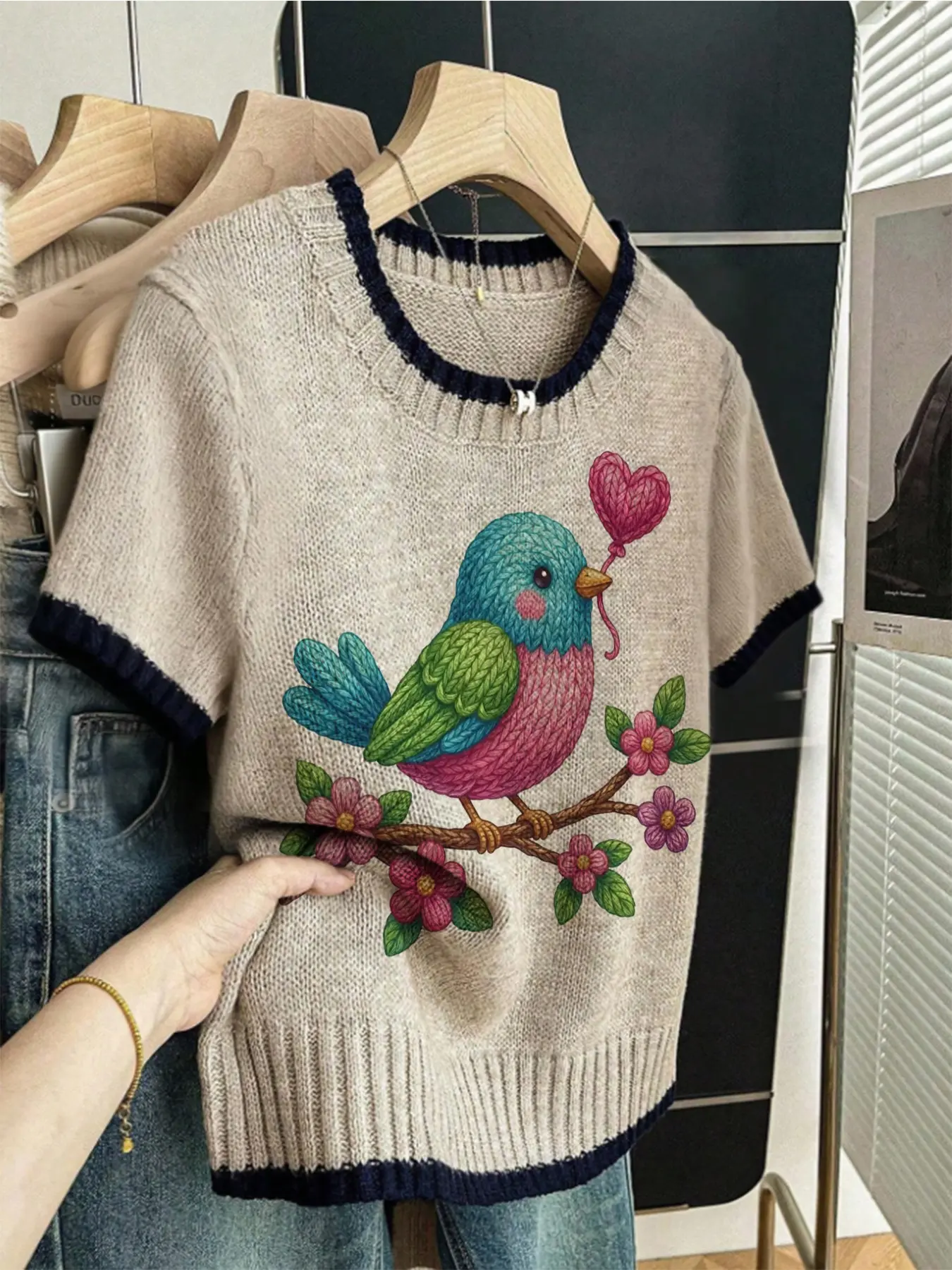 Spring Summer Elegant Women's Bird Heart Leaf Colorblock Printed Round Neck Sweater, Casual Short Sleeve Knitwear, Breathable Daily Wear, Womenswear, Knitting