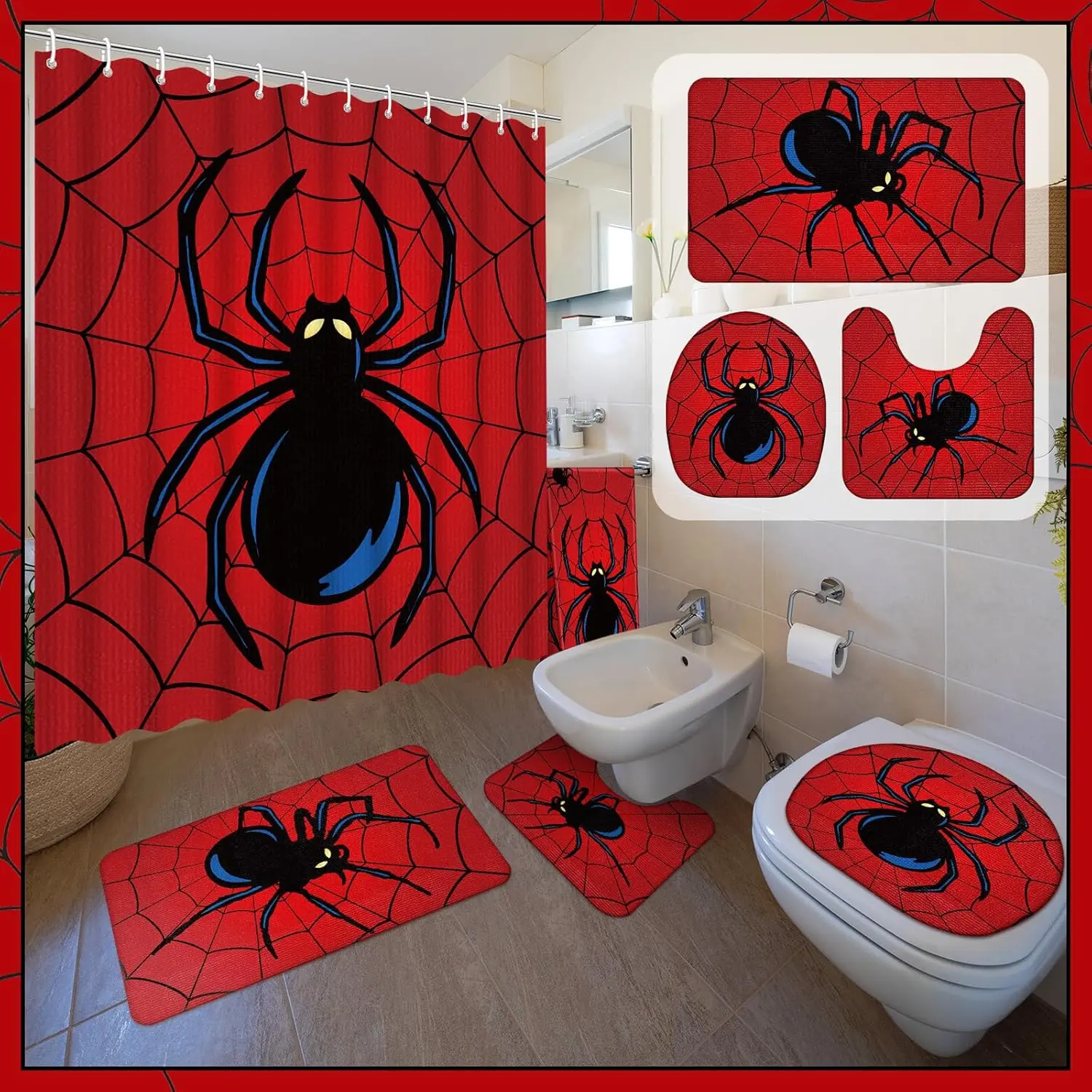 Comfortable Fabric Red Thick Waterproof Spider Bathroom Set - 6-Pc Bundle for Family, Club, Dormitory with Shower Curtain, Bath Mat, U-Shaped Mat, Toilet Seat Cover, 2 Bath Towels, 12 Hooks - Home Supplies Decor Gift