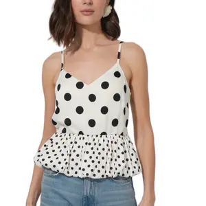 Polka Dots Top - Women's Spaghetti Strap V-Neck Peplum Top with Black Polka Dots on White Base