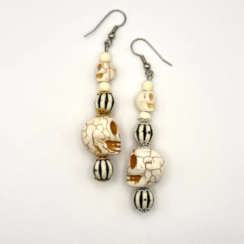 Beetle Juice Earrings with Silver and Gold Spacers Unique Skull Beads Fashion Jewelry for Women