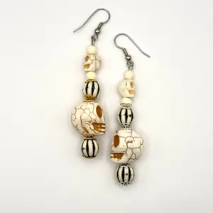 Beetle Juice Earrings with Silver and Gold Spacers Unique Skull Beads Fashion Jewelry for Women