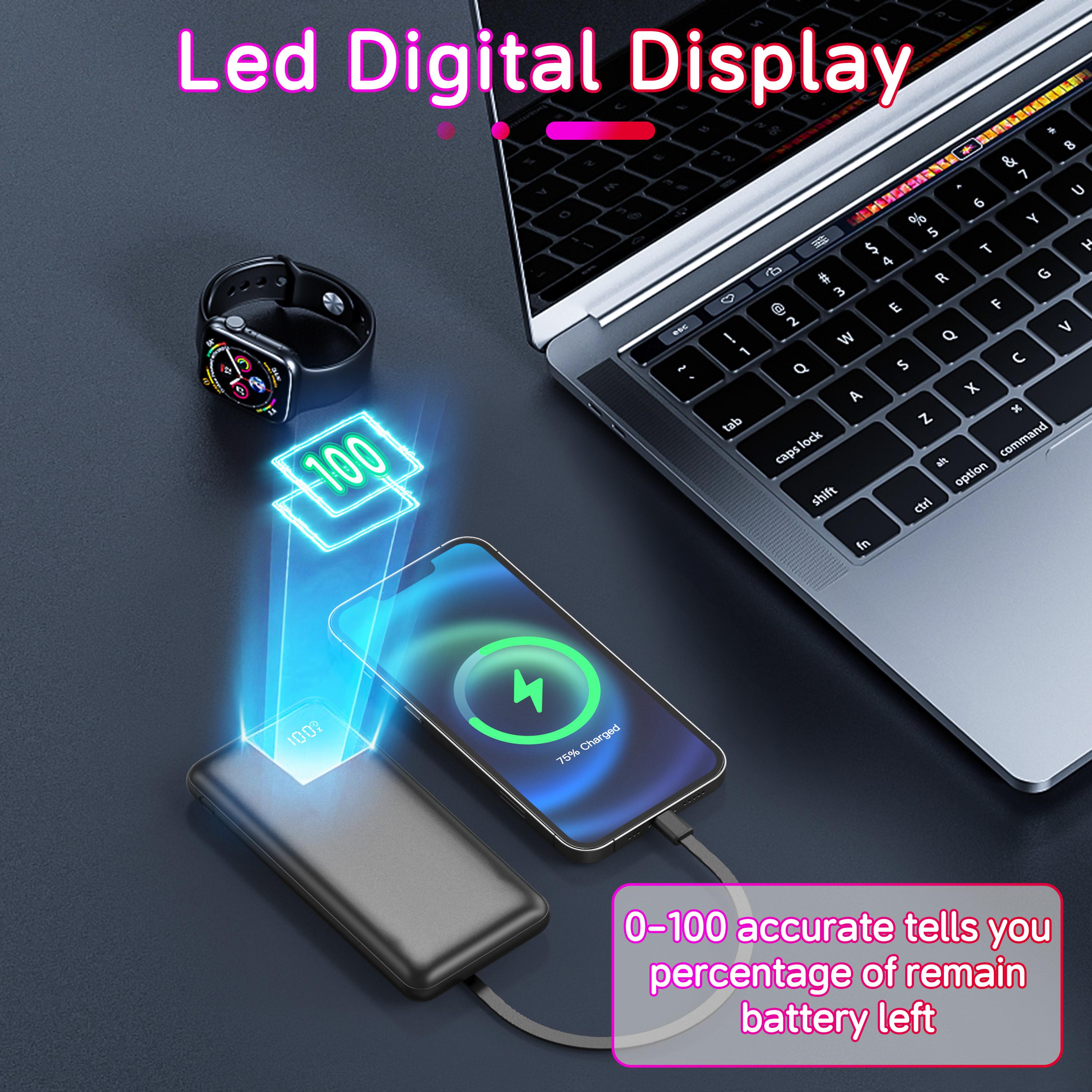 Slim Travel Battery Pack 10000mAh, Portable Charger with Built-in Cables, 4 Outputs 2 Inputs, 22.5W Fast Charging for iPhone, Samsung, Google Pixel Power Bank Electronics Accessories