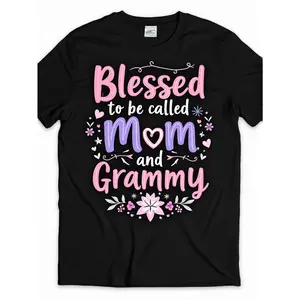 Women's Vintage "Blessed to Be Called Mom & Grammy" Graphic T-Shirt - Soft Stretchy Cotton Tee, Black with Pink & Purple Floral hearts - Mother's Day Gift, Grandma Present, Everyday Casual Shirt, Mom Shirts,  Womenswear Tshirt