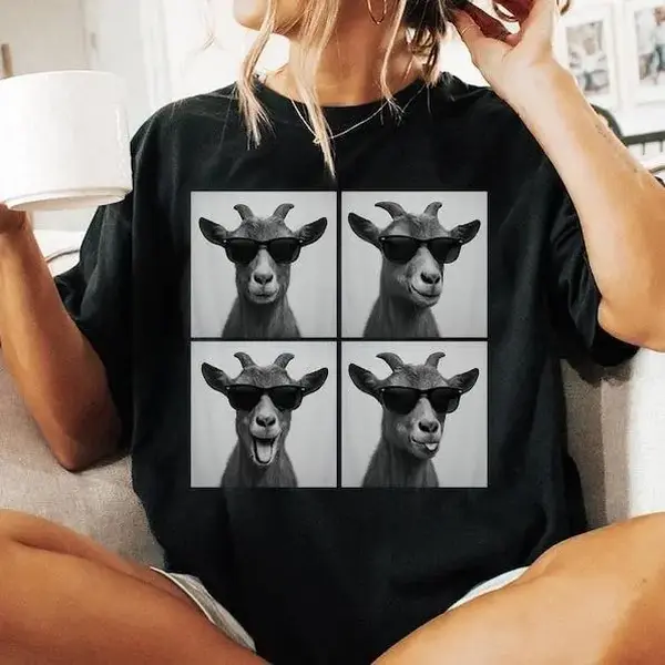 Goat Sunglasses Shirt, Cool Goat Graphic Tee, Vintage Goat Meme Shirt, Retro Animal Lovers Shirt, Cute Farmer Gift Shirt, Funny Goat Lover Oversized Tee, Goat Photo Grid Top, Menswear Medium