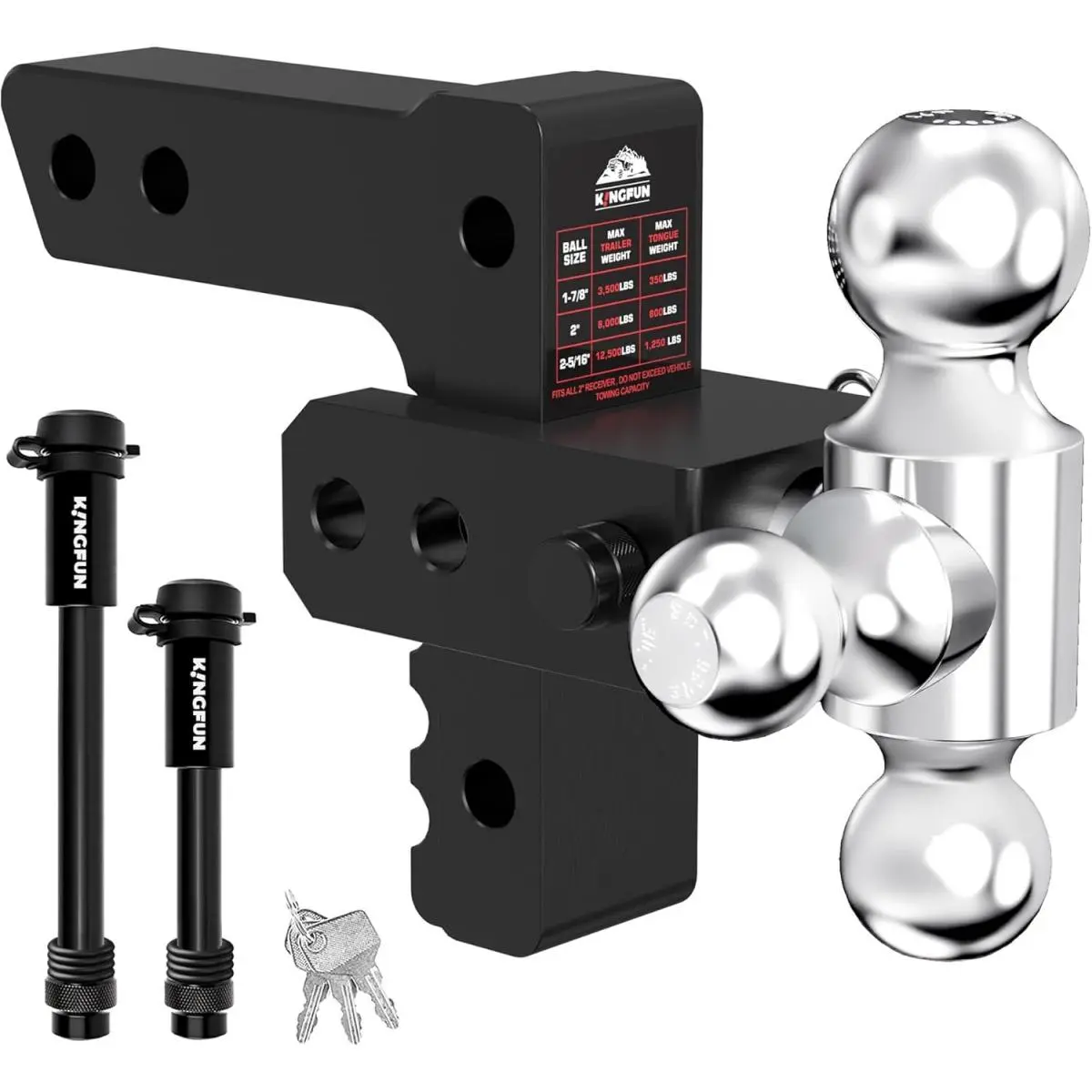 【FathersDayGift】Kingfun Adjustable Trailer Hitch - Drop Hitch Fits 2 Inch Receiver, Tri Ball (1-7/8", 2", 2-5/16") 6 Inch Drop/Rise, 12500 LBS GTW Aluminum Heavy Duty Tow Hitch with Anti-Theft Pin - (Silver)