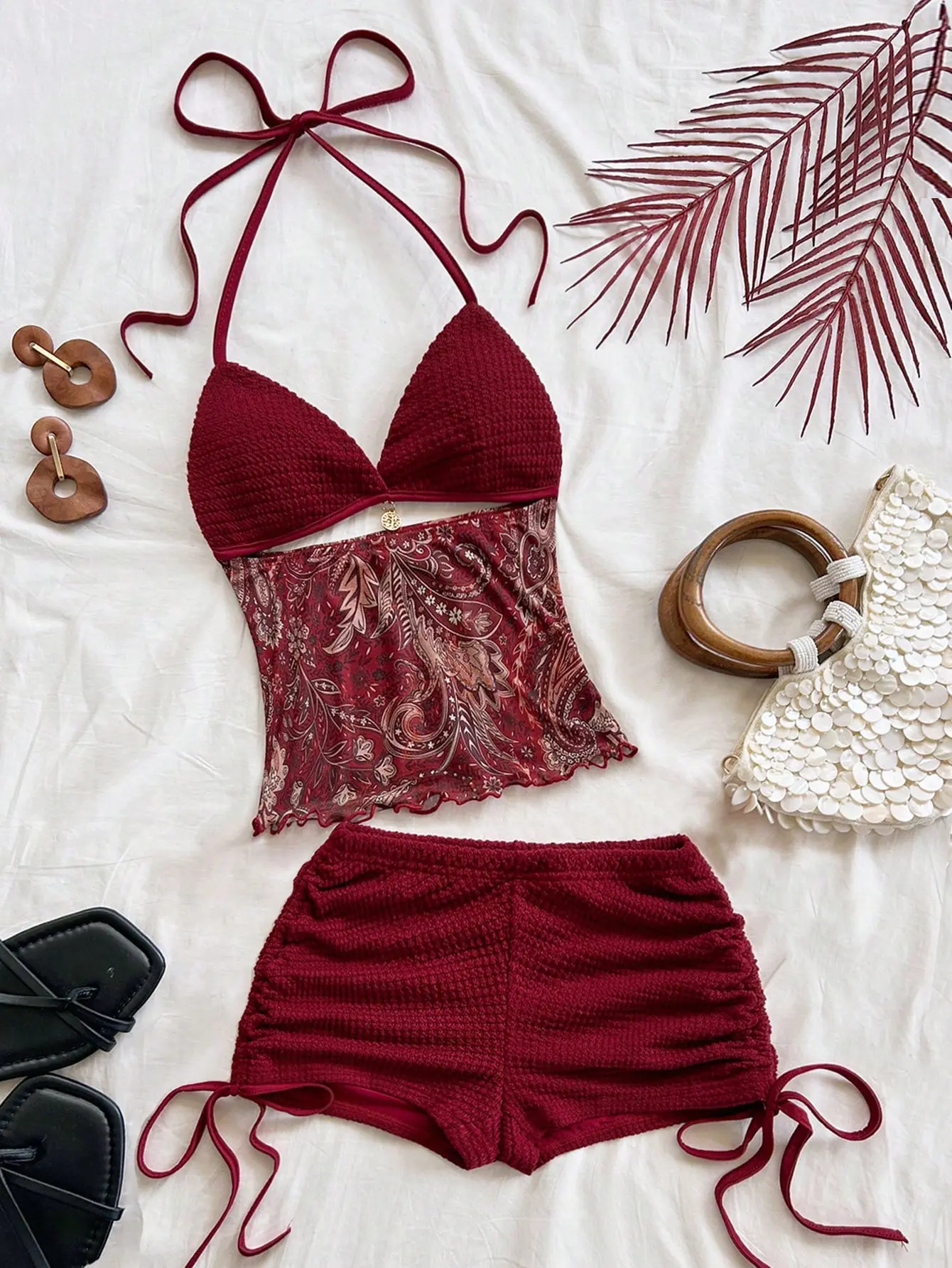LUSHLACE Vintage V-Neck Halter Backless Top & Ruched Shorts Set for Vacation