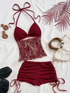 LUSHLACE Vintage V-Neck Halter Backless Top & Ruched Shorts Set for Vacation