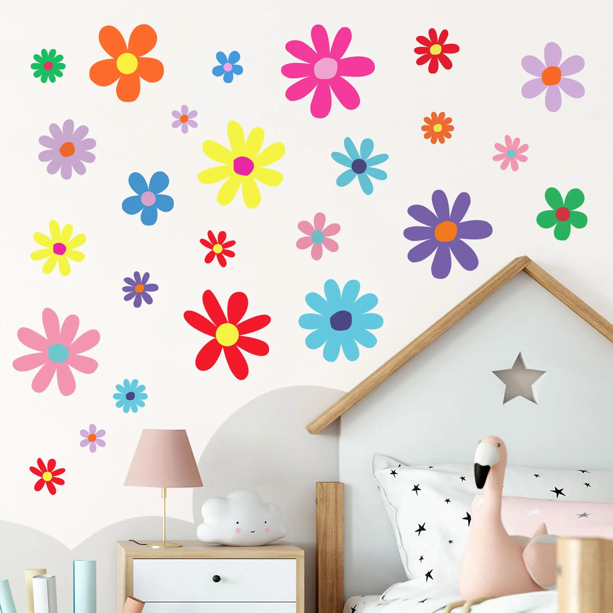 12 Sheets Wall Decals Boho Flower Stickers Cute Room Decor Peel And Stick Floral Playroom Living Bedroom Classroom Retro Hippie Bright Style