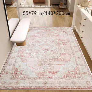 Velvet + Pointed Base 1PC Pink Bohemian Style Living Room Floor Mat, Pink Indoor/Outdoor Decorative Carpet, Machine Washable Rectangular Living Room Floor Mat, for Home, Office, Hotel Entrance RUG, Boho Graphic Rug, Boho Area Rug