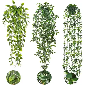 Hanging with Pots 3 Pack Artificial Ivy Vine  Potted  Artificia Eucalyptus  Mandala Ivy Vine Leaves Pea Pod Shelf  for  Room Wall Indoor Outdoor Decor