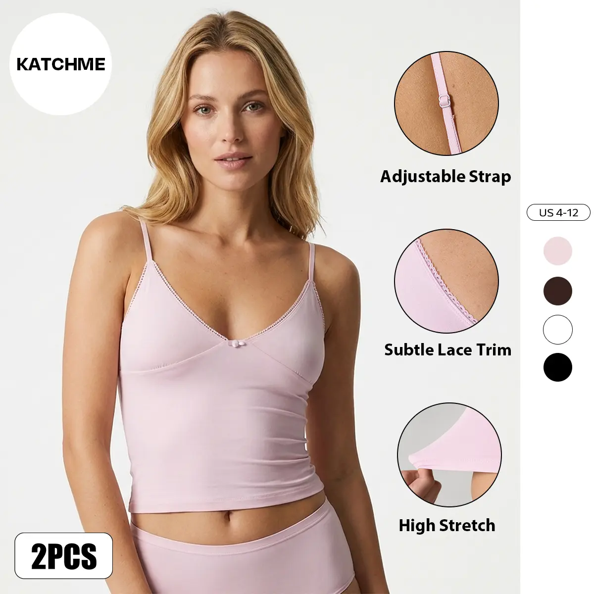 KatchMe Chic Women's Minimalist Solid Color Lace Trim Adjustable Strap Stretch Crop Top, Versatile Breathable Camisole for Daily Wear, Lady Flattering Top for Summer