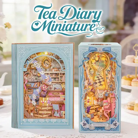 FUNPOLA LED 3D Wood Puzzle Tea Diary Book Nook, Openable Storybook Design, DIY Bookshelf Decor Gift for Kids 235PCS