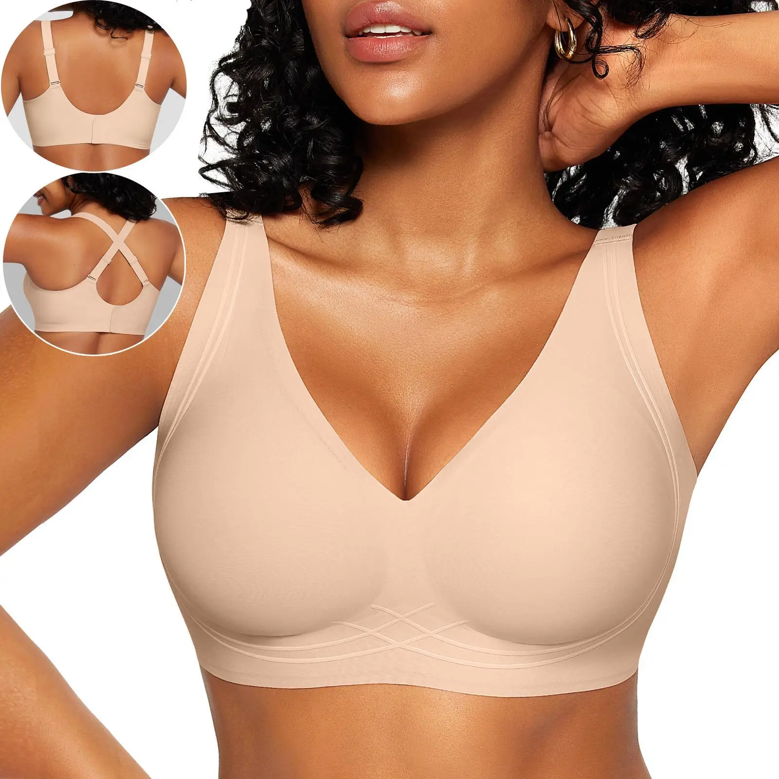 OEAK Women's Seamless Bras Deep V Wireless Plus Size Full Coverage Push Up Comfort Bras No Underwire Supportive Bra Soft Breathable Sleep Bralettes