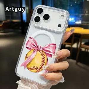 Magnetic Phone case for iPhone 17 16  Pro Max Plus 15 14 13 12 11 Air E Softball with Bow Pattern Non-Yellowing Shockproof Soft Silicone Transparent Acrylic Large Hole Cover Supports Wireless Charging
