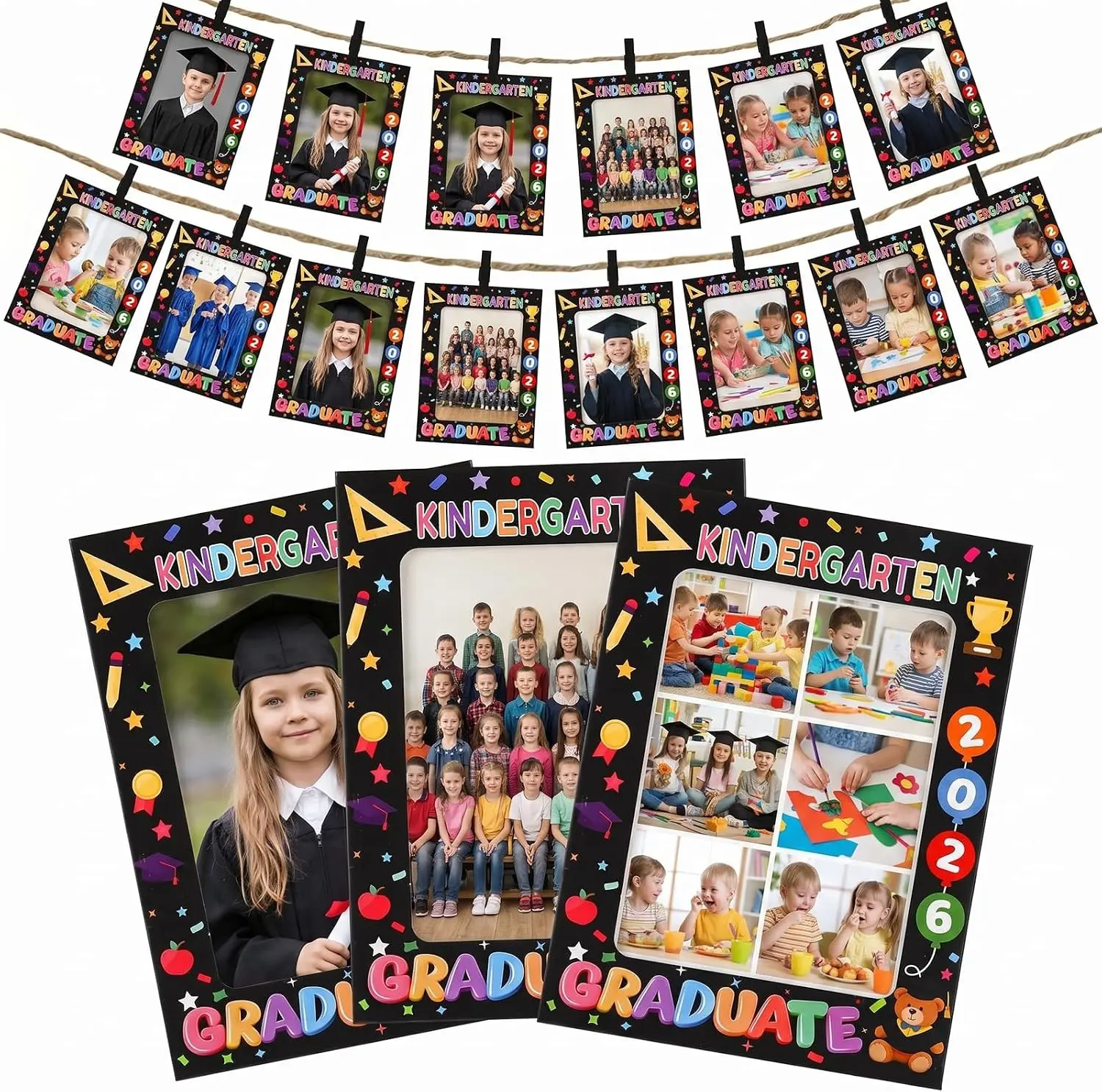 50 Pack Kindergarten Graduation Paper Picture Frame Paper Frames 4x6 Photo Banner,Cardboard Frames,Photo Holder with Wooden Clips String for Wall Decor Kindergarten Party Supplies Graduation Cheers