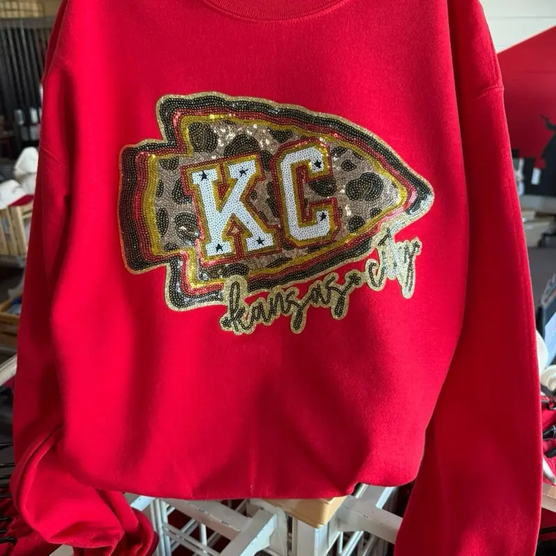 Sequin gold cheetah arrowhead KC Kansas City Football Sweatshirt - Red with KC Chicks Sequin Design