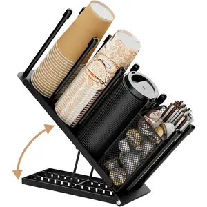 Cup and Lid Holder - Adjustable Coffee Cup Holder Organizer 4 Compartment Disposable Cup Dispenser with Mesh Basket for Coffee Pod Straw Storage Metal (Black)