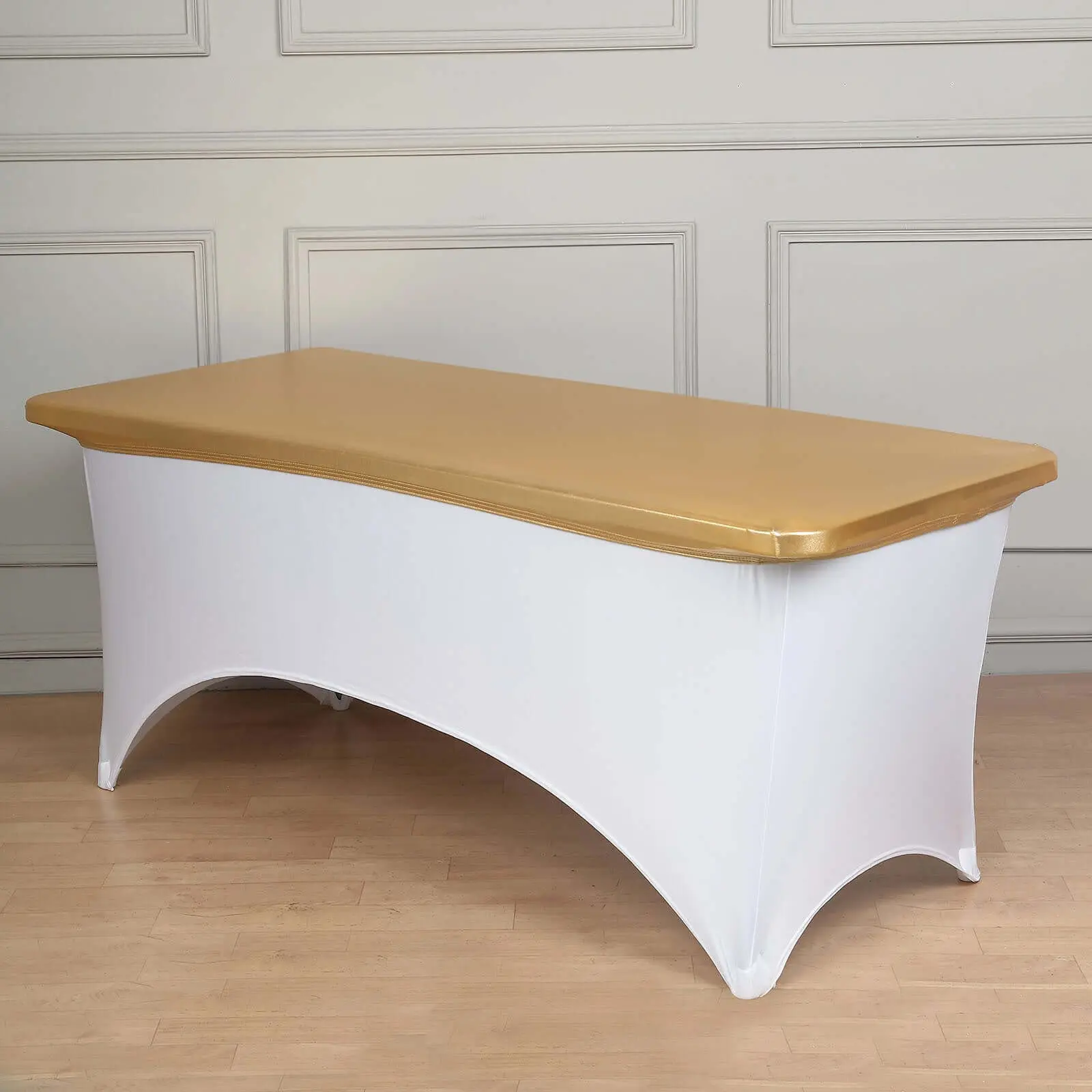 Spandex Fitted Table Cover - 72"x30" Stretch Metallic Gold Rectangle Table Topper, Sleek Durable Shimmering Outdoor Furniture Accessory for Chic Events, Baby Shower; Hang Dry, Inner Fabric Not Water-Resistant, Spandex Table Covers, Birthday
