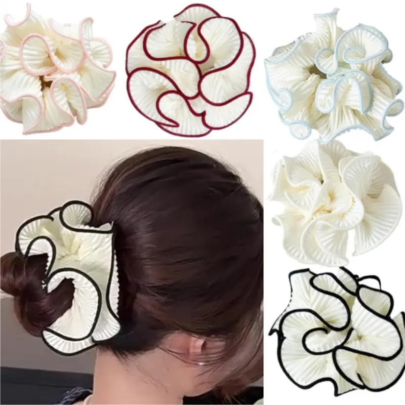 5 Pack Oversized Puffy Hair Scrunchies, 4.72 Inch Double Layer Pleated Ruffle Design, White with Colored Trim, Extra Large Hair Ties for Buns Ponytail Holders for Voluminous Look