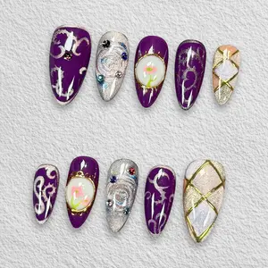 Pressmeon Handmade Press-on Nails | Violet Nebula | Medium Almond Shape Collection | 3D Luxury Salon Quality | Reusable & Extra Durable | Eco Package outdoorfun