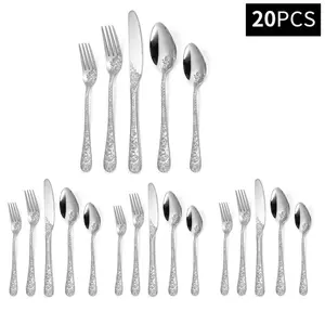 20-Piece Stainless Steel Cutlery Set, Creative Pattern Design, Home Use Knife Fork Spoon, Durable & Stylish Dining Utensils