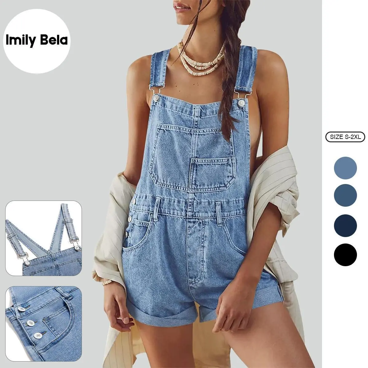 Imily Bela Women's Basic Denim Strappy Bib Overalls Shorts, Casual Solid Minimalist Jeans with Pockets, Core Jumpsuits Bottoms