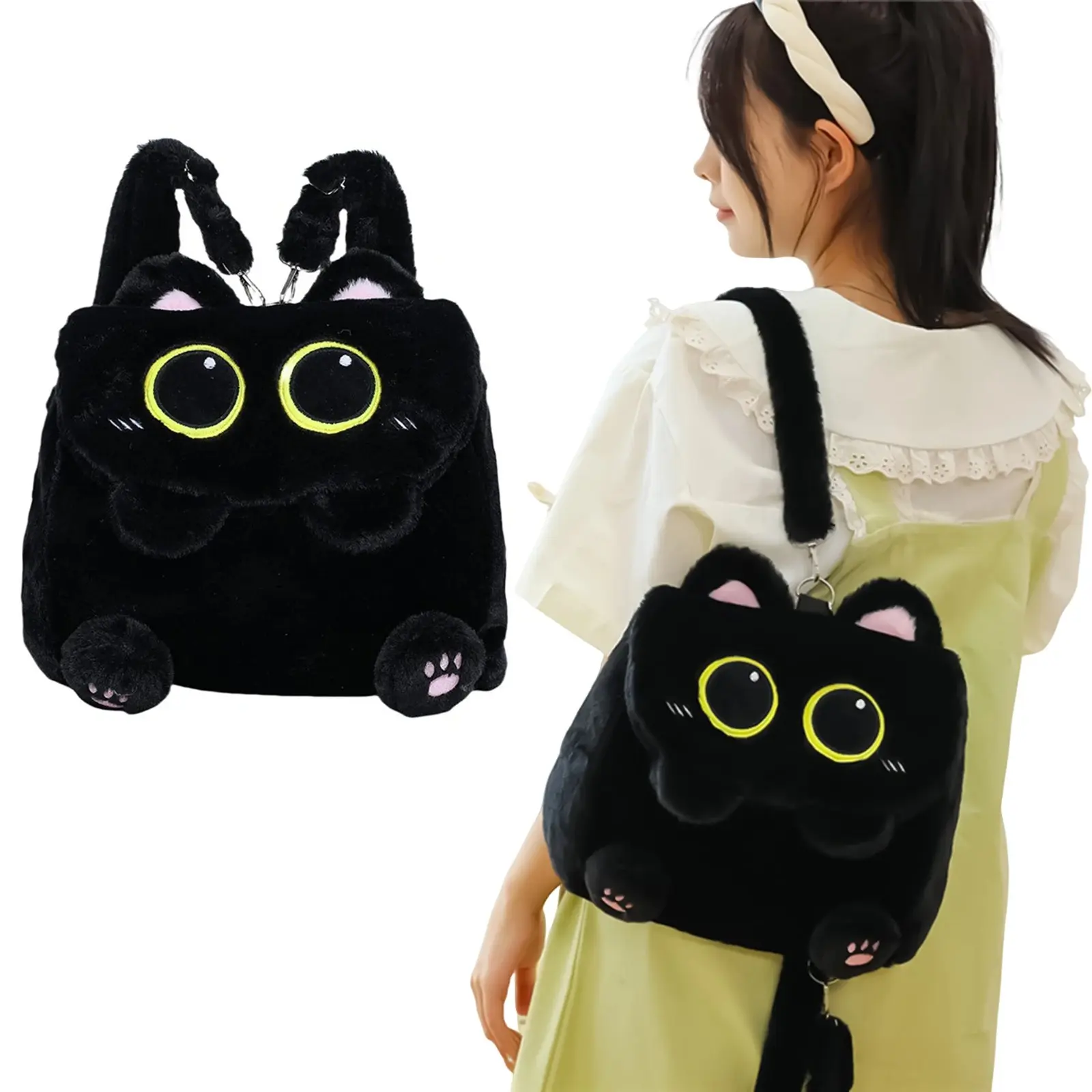 Black Cat Plush Backpack for Girls Cute Kitten Design Large Capacity Lightweight School Bag for Students Travel Daily Use