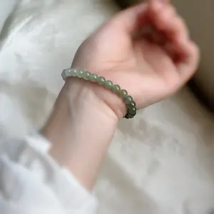 Gradient Hetian Jade Bracelet, Natural Nephrite Beaded Stretch Bracelet