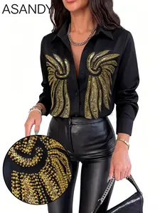 ASANDY Sequin Embroidered Shirt – Black button-up blouse with shiny gold wing pattern, perfect for glamorous office wear and nights out