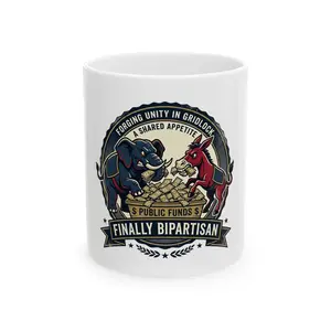 Finally Bipartisan Elephant vs Donkey Stack of Cash Mug | Political Humor Ceramic Mug