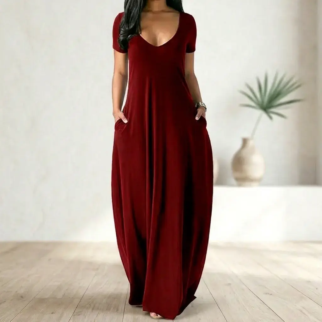 Women's Casual Soft Knit V-Neck Short Sleeve Maxi Dress - Comfortable, Loose Relaxed Fit, with Pockets for Summer Beach Lounge - Chic Minimalist Basic Red Womenswear