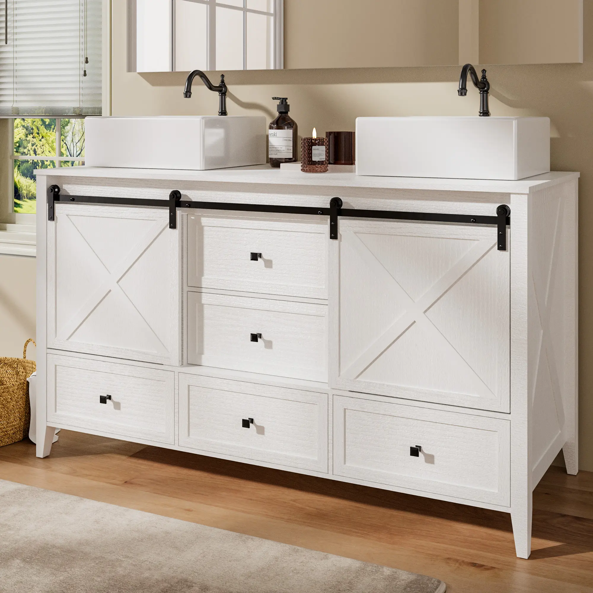 VNN Bathroom Vanity with Sink - 60 Inch Bathroom Vanity Double Sink Ceramic, Freestanding Cabinet with 2 Farmhouse Sliding Barn Doors and 5 Drawers, Space-Saving Storage Cabinet, White Wood Grain