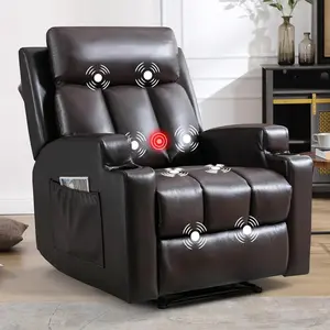 [summervibes] EBELLO Manual Recliner Chair with Massage and Heat,Breathable Leather Recliner Chair with Armrest and Backrest, Manual Reclining Single Sofa with 2 Cup Holders, Side Pocket for Living Room