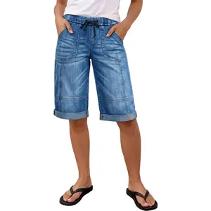 Flamingals Wash Stitch Detail Roll Hem Drawstring Mid Rise Denim Bermuda Shorts Womenswear Stretchy 12.8" Inseam
