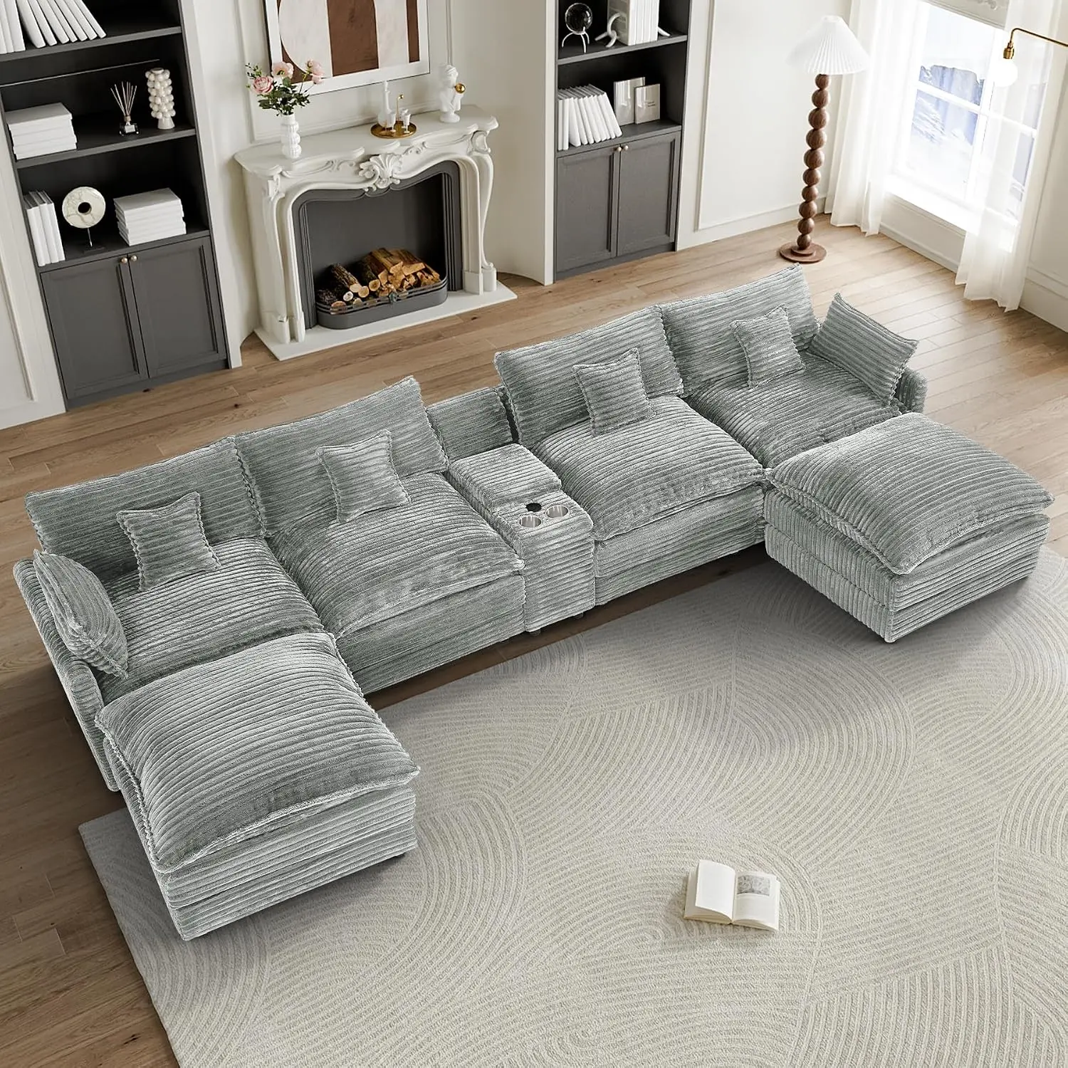 145" Oversized U Shaped Modular Sectional Sofa with Ottoman, Comfy Fluffy Soft Corduroy, Large Cloud Couch with USB Port, Cup Holder and Storage Central Console for Living Room, Light Grey