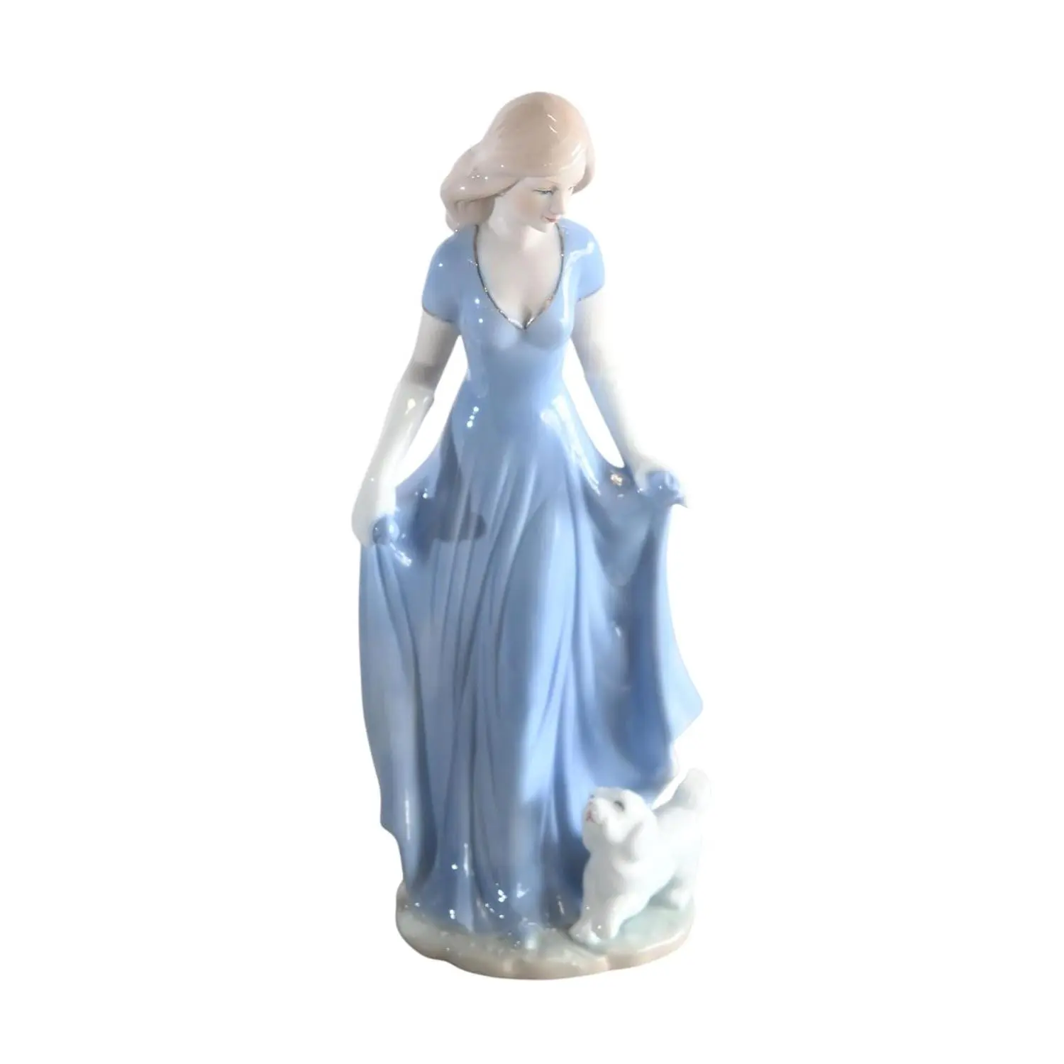 Porcelain Elegant Lady Blue Gown with White Puppy Statue 5"x4"x11"H