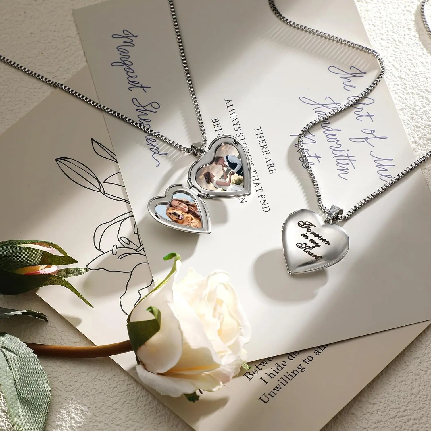 Forever in My Heart Locket Necklace Set Sublimation Pendant Trays Set That Hold Pictures Silver Locket Necklace Bezel Tray Chain Sublimation Discs for Women Mom Gift
