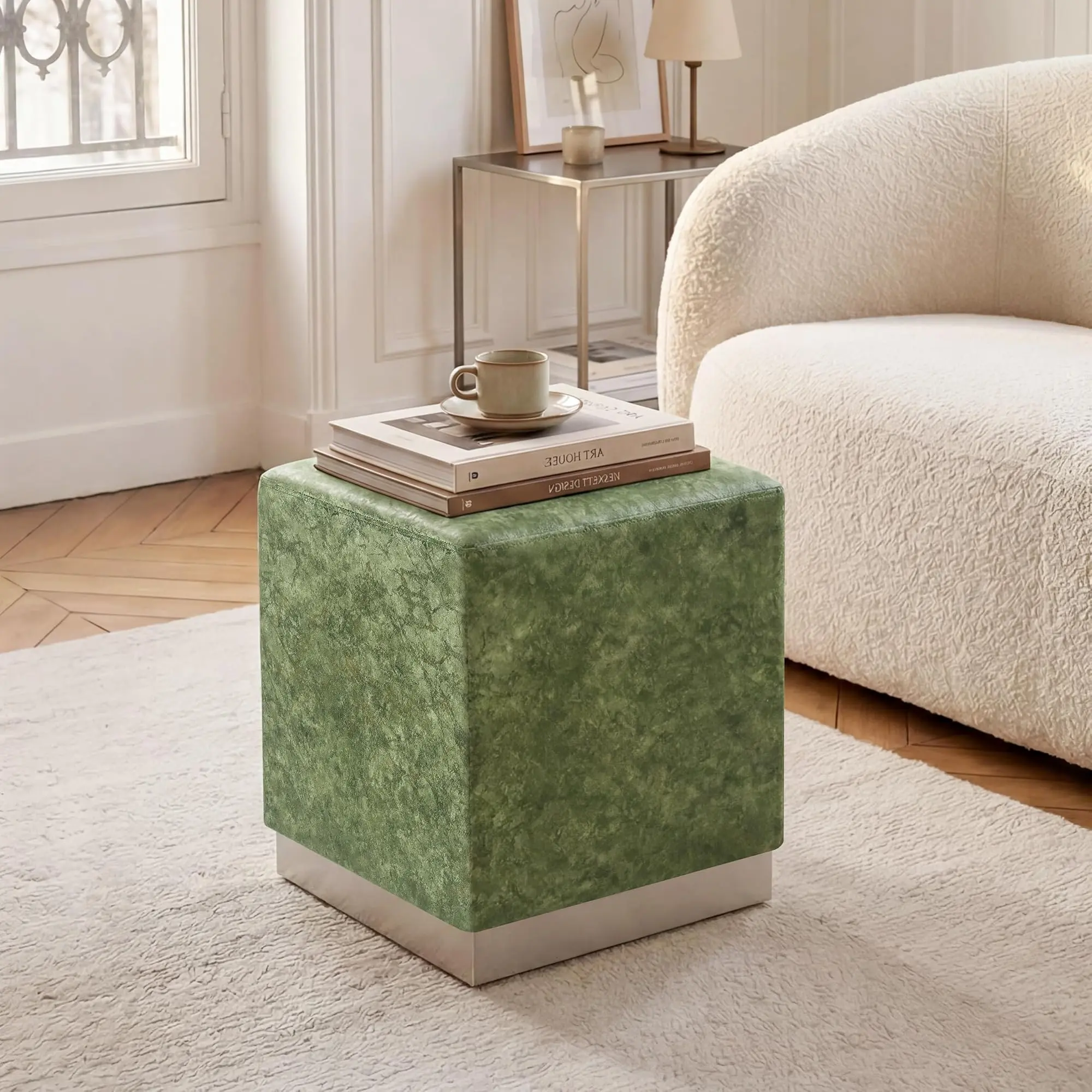 Square Velvet Cube Ottoman with Silver Metal Base, 14.6 Inch Modern Vanity Seat & Footrest for Bedroom & Living Room