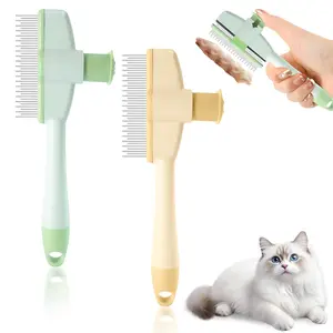2-Pack Pet Hair Removal Comb and Flea Comb with Release Button for Cats and Dogs - Green and Yellow Grooming Brush for Short/Long Hair