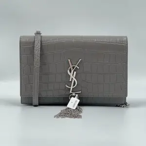 Pre-owned Yves Saint Laurent Leather Shoulder Bags CALUX Calfskin Crocodile Embossed Kate Monogram Tassel Chain Wallet Fog