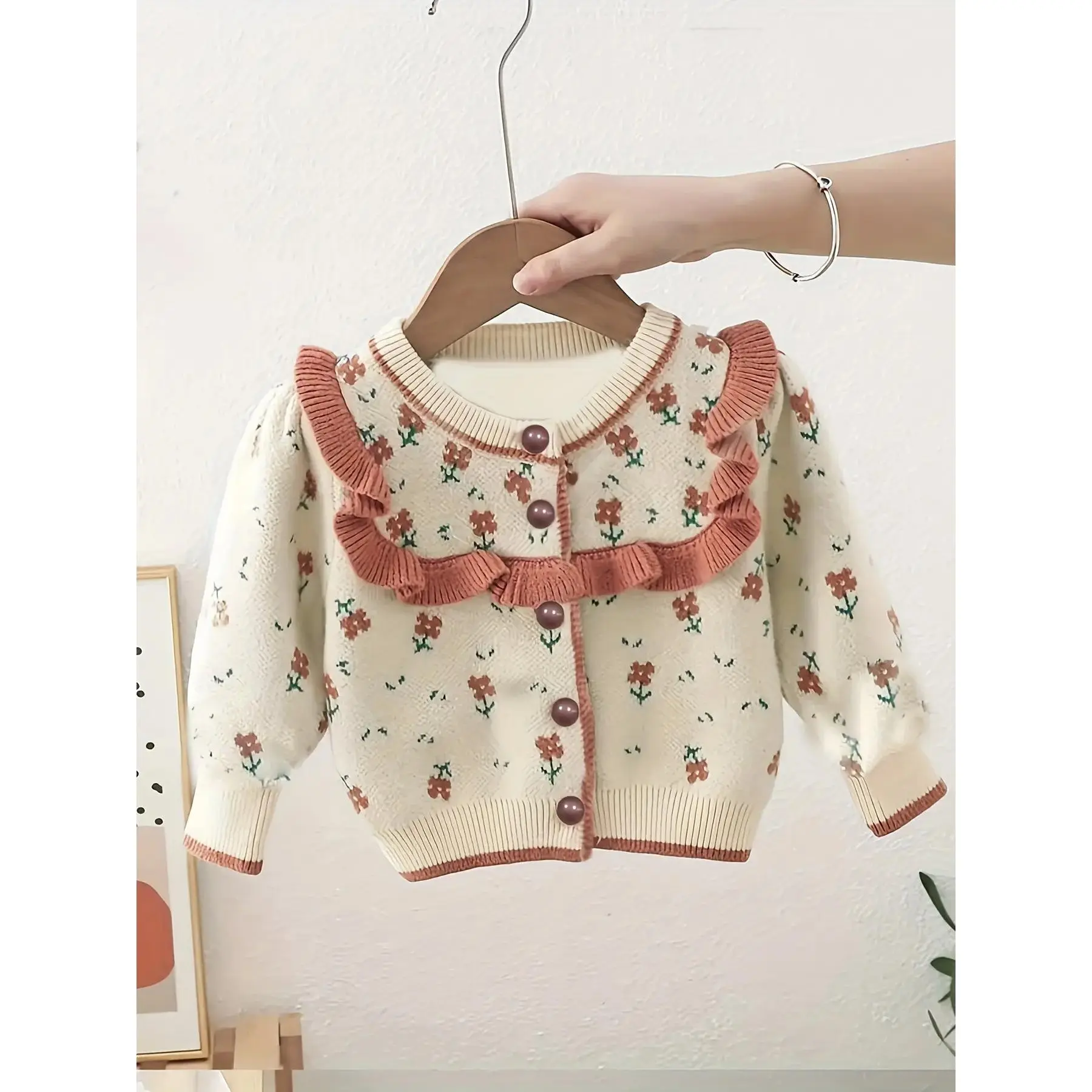 (New) Girls' Fall Knit Sweater Coat - Korean Floral Style Child-Sized Girly Lovely Cardigans, Cute Kids' Fashion Pullover Tops, Child-Sized Girls' Cardigans, Girly Girls' Cardigans
